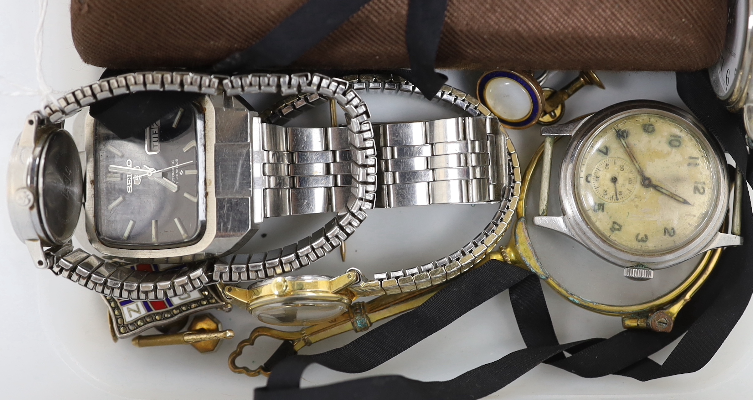 Two lady's steel or steel and gold plated Omega manual wind wrist watches (a.f.) six other assorted watches including gentleman's Marine Star and other minor items.